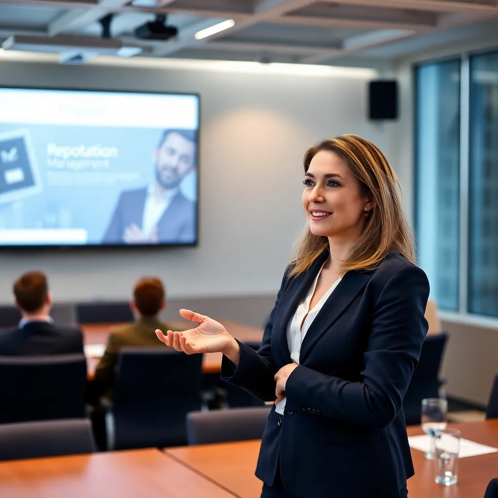 Nederlandse zakenvrouw die presentatie geeft over reputatiemanagement
