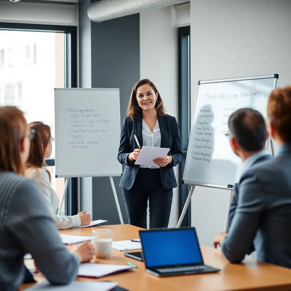 Nederlandse zakenvrouw presenteert ethische richtlijnen tijdens een workshop voor collega's