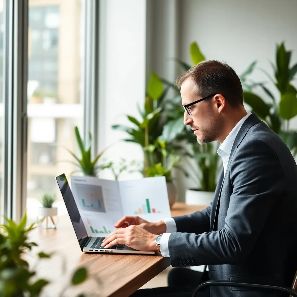 Nederlandse zakenman werkt aan duurzaamheidsrapport op laptop